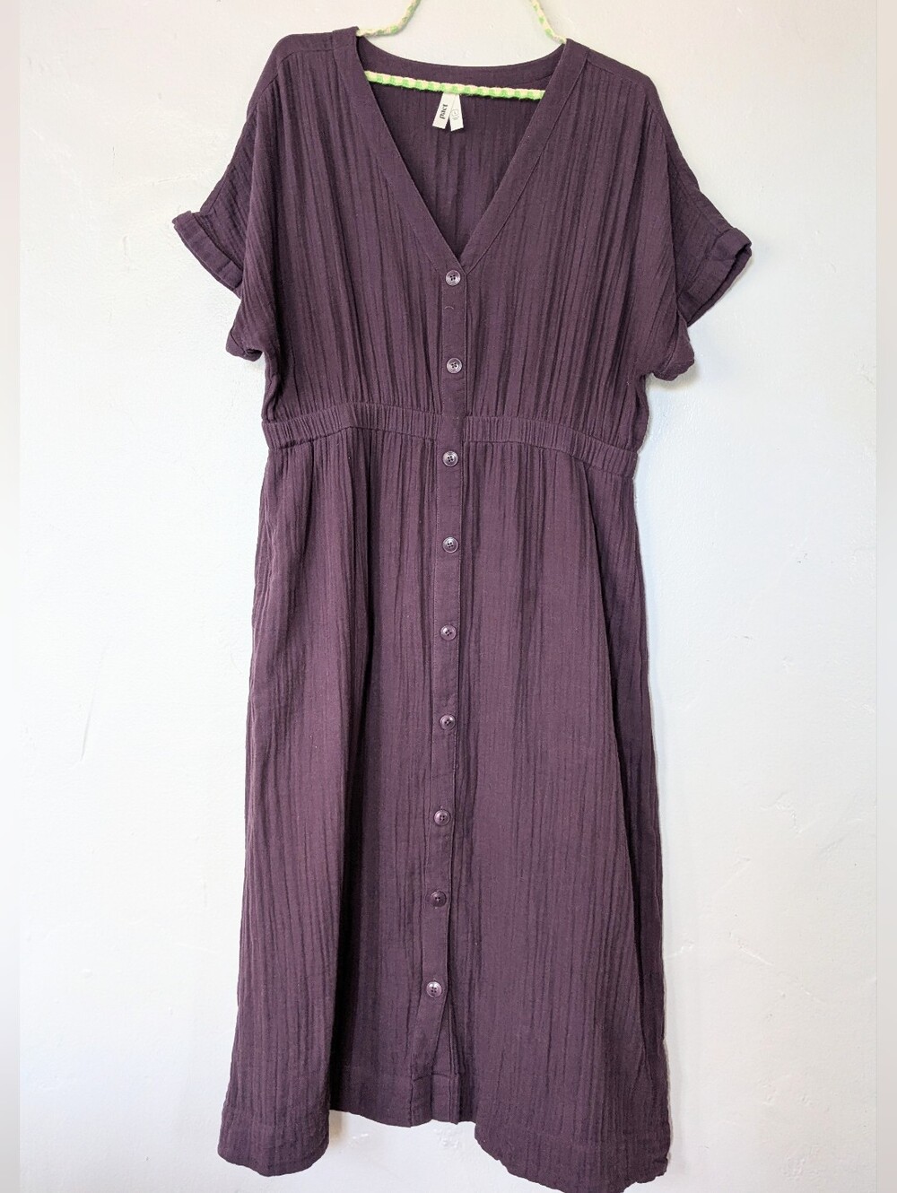 Pact Organic Double Gauze Cotton Button Front Midi Dress Purple Size Large